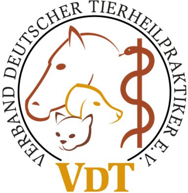 Logo des Verbands Deutscher Tierheilpraktiker e.V. mit Tiermotiven und Äskulapstab.